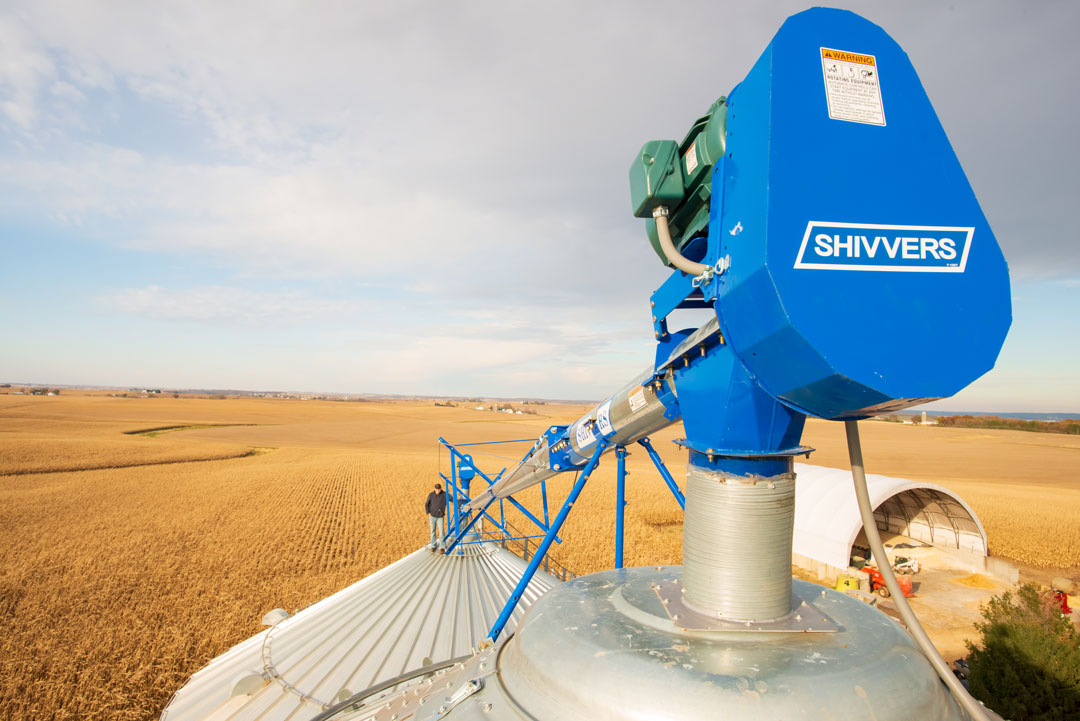 Close up of a Shivvers system atop a grain bin | Shivvers